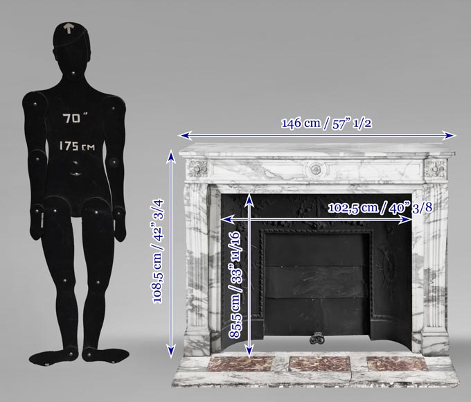 Louis XVI style fireplace decorated with a sunflower, in Arabescato marble-10