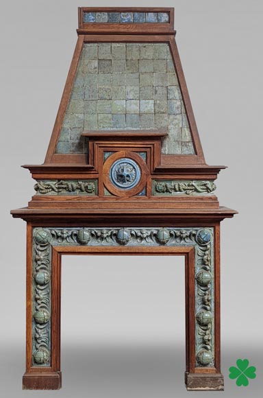GENTIL & BOURDET – Oak and Blue Stoneware Fireplace with Egyptian Revival Motifs, circa 1904-0