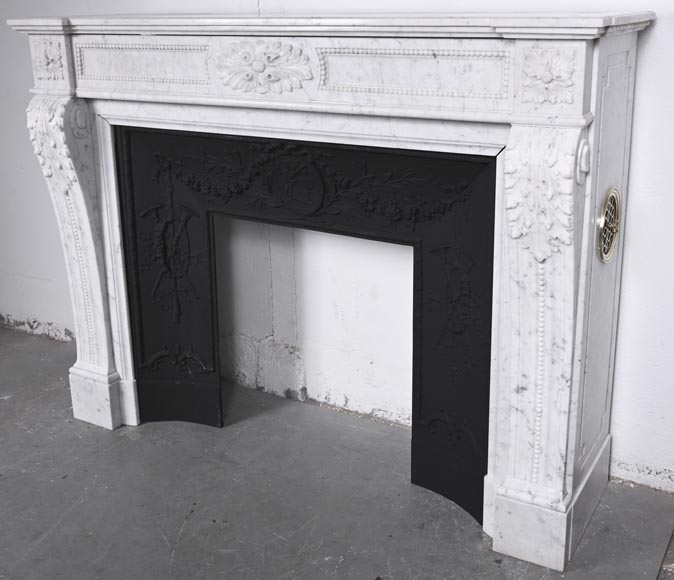 Louis XVI style fireplace with acanthus leaves and beading, in Carrara marble Louis XVI style fireplace with acanthus leaves and beading, in Carrara marble-7