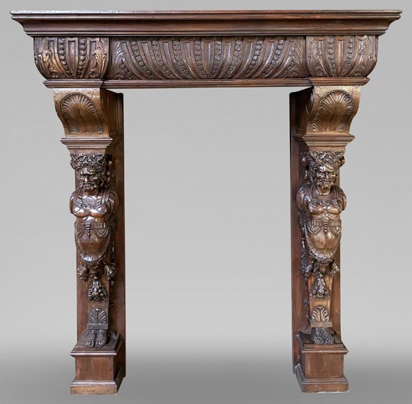 Renaissance walnut mantel with satyrs-0