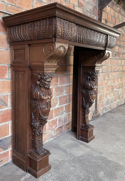 Renaissance walnut mantel with satyrs-3