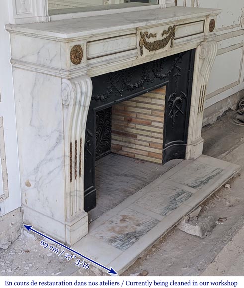 Louis XVI style mantel in semi-statuary Carrara marble with garland of flowers and vine leaves-2