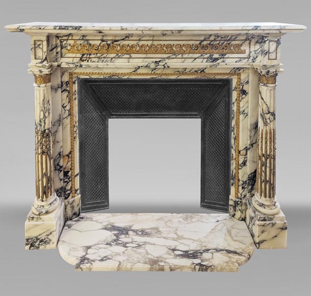 Louis XVI style mantel in Panazeau marble and bronze with detached fluted columns-0