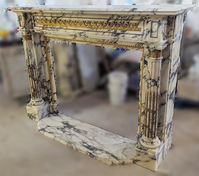 Louis XVI style mantel in Panazeau marble and bronze with detached fluted columns-9