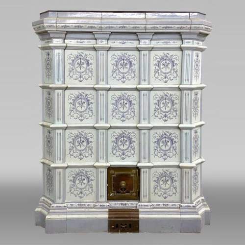 Loebnitz Paris, white ceramic stove with blue decoration