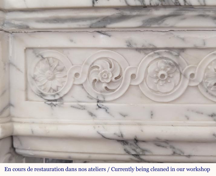 Louis XVI style mantel with curved entablature decorated with macaroons in Arabescato marble-3