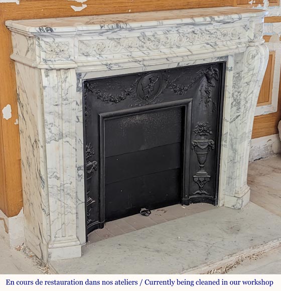 Louis XVI style mantel with curved entablature decorated with macaroons in Arabescato marble-4