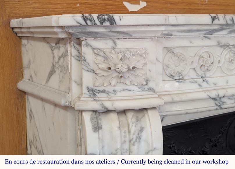 Louis XVI style mantel with curved entablature decorated with macaroons in Arabescato marble-5