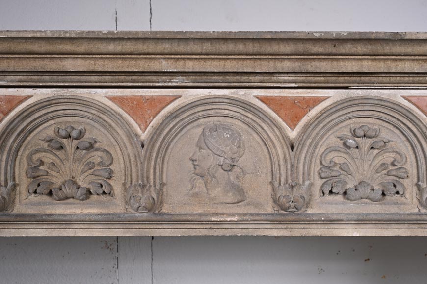 Neo-Renaissance-Style Mantelpiece in Stone and Marble, 19th century-1