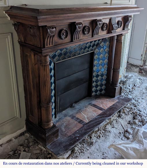 Napoleon III style mantel with carved walnut wood detached columns-3