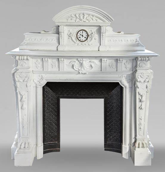 Napoleon III style mantelpiece in Statuario Carrara marble, with mantel top including a clock-0