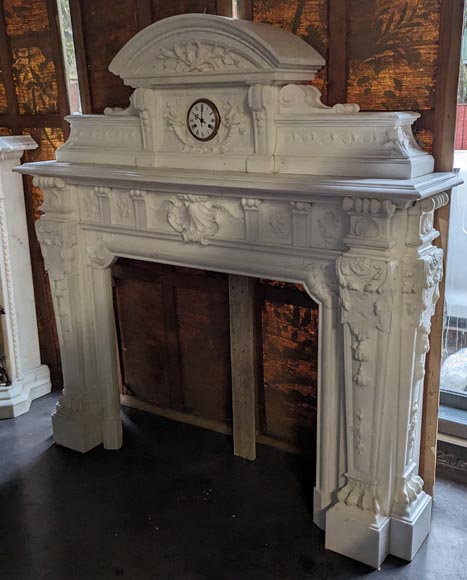 Napoleon III style mantelpiece in Statuario Carrara marble, with mantel top including a clock-9