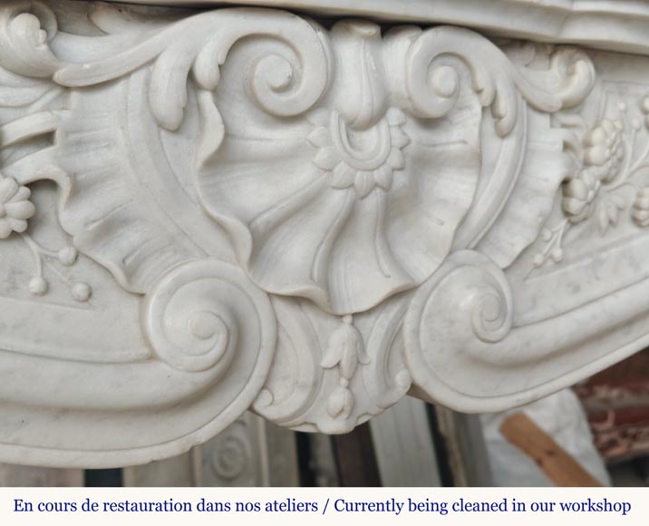 Carved Carrara marble Louis XV style mantel with shell and flower design-2