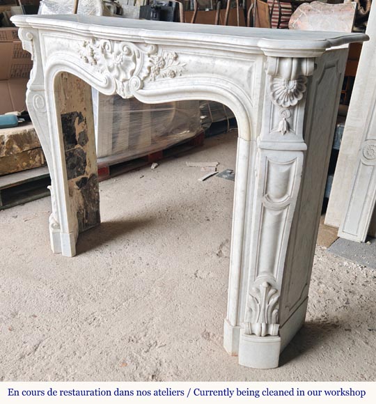 Carved Carrara marble Louis XV style mantel with shell and flower design-8