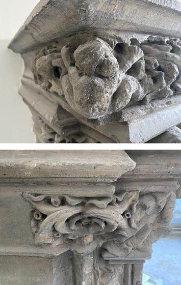 Gothic period stone mantelpiece with monsters and carved capitals-5