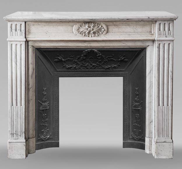 Louis XVI style Carrara marble mantel with filleted flutes and acanthus leaves-0