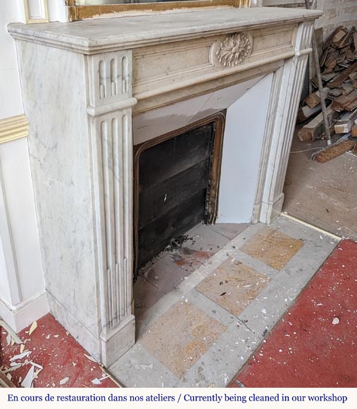 Louis XVI style Carrara marble mantel with filleted flutes and acanthus leaves-2