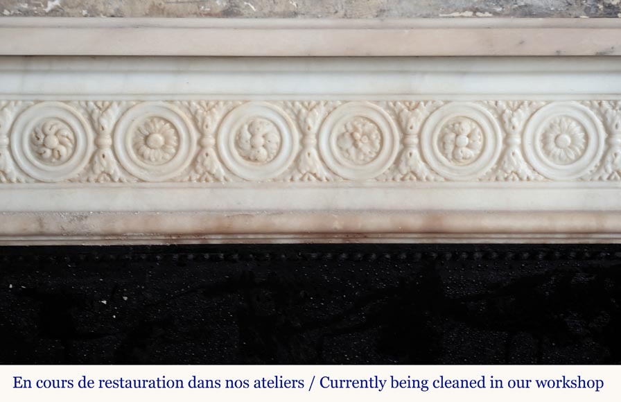 Louis XVI style statuary marble mantel with pilaster capitals and macaroons-1