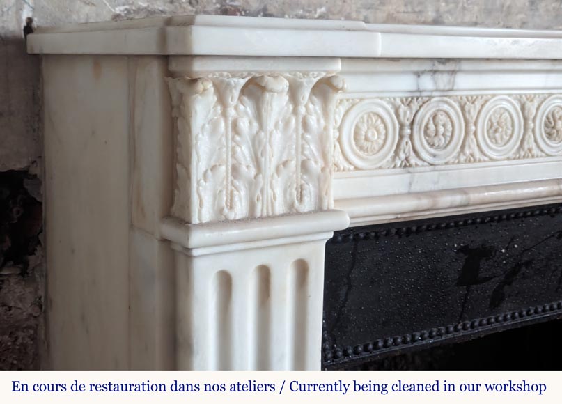 Louis XVI style statuary marble mantel with pilaster capitals and macaroons-3