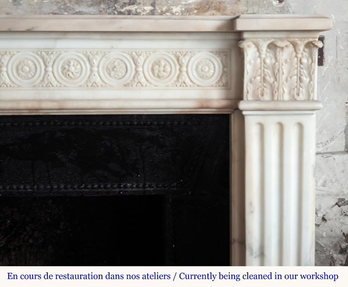 Louis XVI style statuary marble mantel with pilaster capitals and macaroons-6