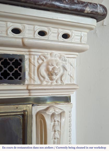 Lion-headed earthenware stove with Royal Red marble top-2