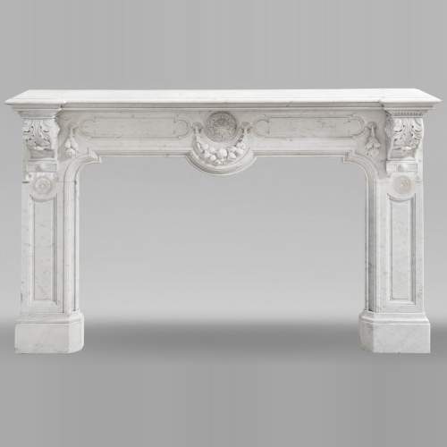 Napoleon III style fireplace in Carrara marble, decorated with a fruit frieze