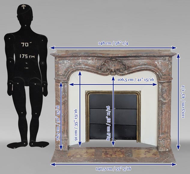 Louis XV style mantel in Rouge du Nord marble with shell décor-12