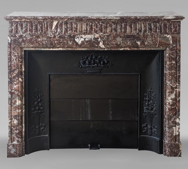 Louis XIV style mantel with acroterion in Rouge du Nord marble-0