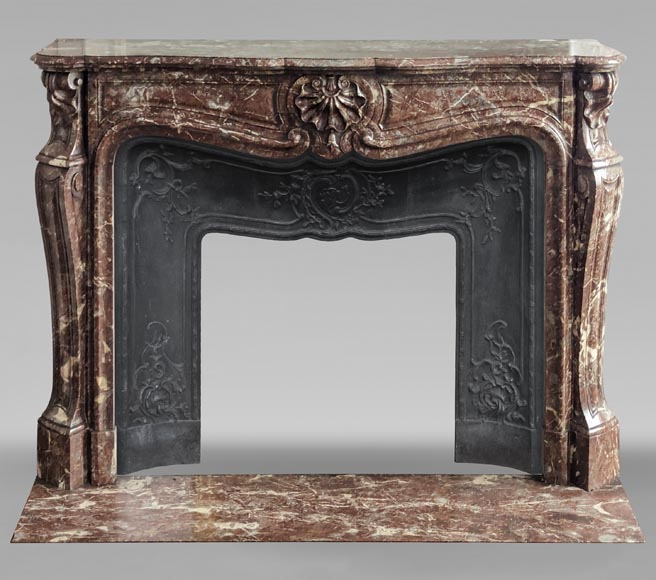  Louis XV style three shell mantel carved in Rouge du Nord marble-0