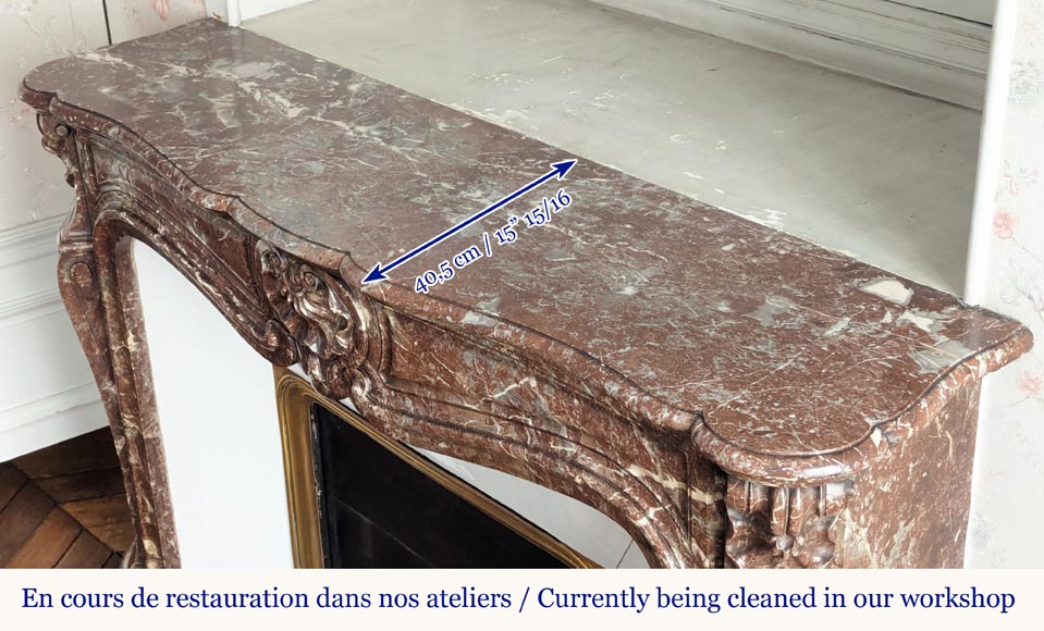  Louis XV style three shell mantel carved in Rouge du Nord marble-10