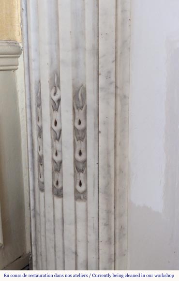 Louis XVI style Carrara marble mantel with rounded corners adorned with a sunflower flower-5