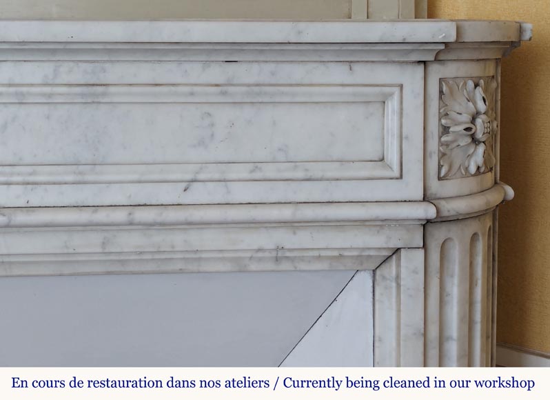 Louis XVI style Carrara marble mantel with rounded corners adorned with a sunflower flower-8