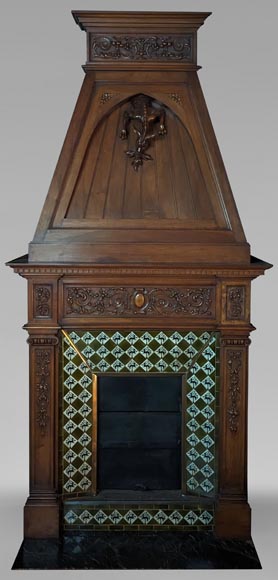 Neo-Renaissance style mantel in carved walnut wood adorned with a salamander-0