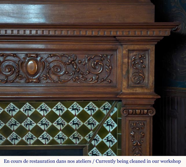 Neo-Renaissance style mantel in carved walnut wood adorned with a salamander-9