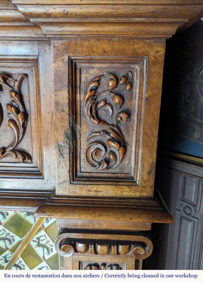 Neo-Renaissance style mantel in carved walnut wood adorned with a salamander-10