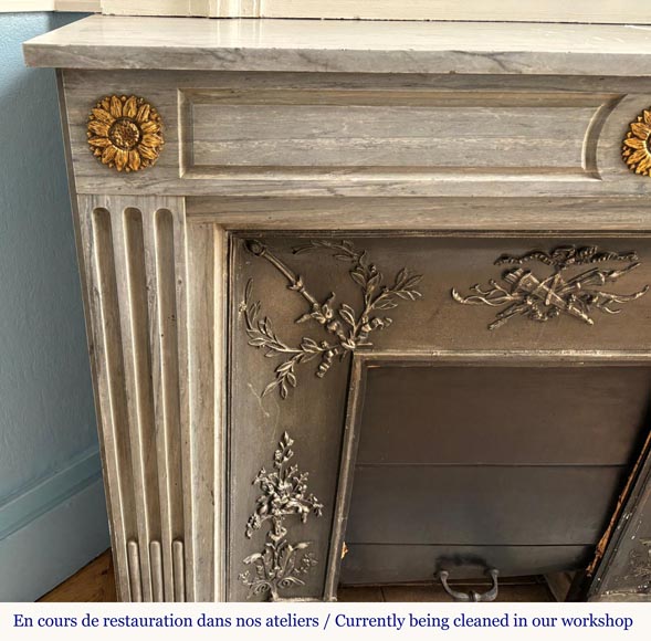 Louis XVI style mantel in light blue Turquin marble decorated with bronze sunflowers-4