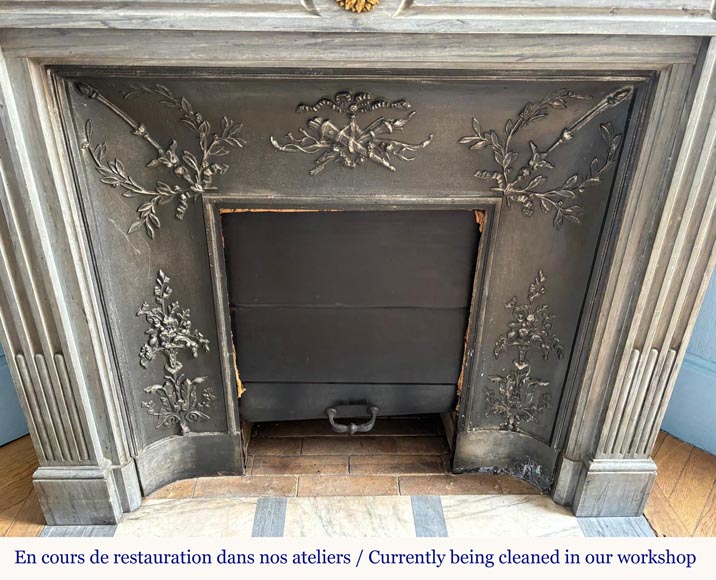 Louis XVI style mantel in light blue Turquin marble decorated with bronze sunflowers-7