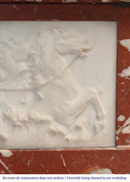 Louis XIV style mantel in Incarnat Turquin marble, decorated by a Poseidon carved in statuary marble-2