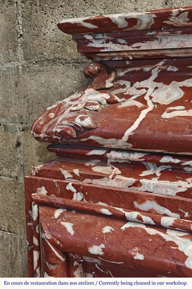 Louis XIV style mantel in Incarnat Turquin marble, decorated by a Poseidon carved in statuary marble-7