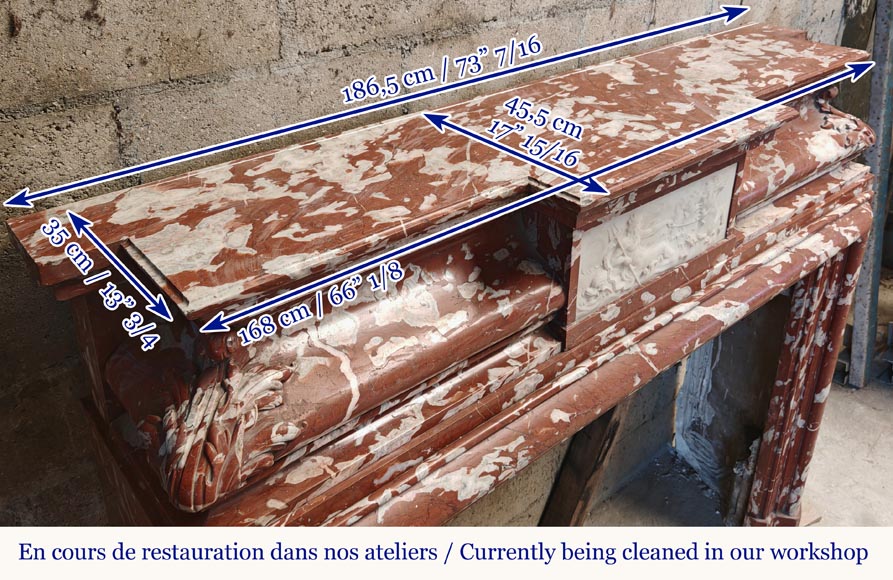 Louis XIV style mantel in Incarnat Turquin marble, decorated by a Poseidon carved in statuary marble-14