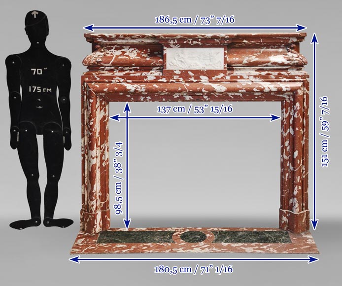 Louis XIV style mantel in Incarnat Turquin marble, decorated by a Poseidon carved in statuary marble-15