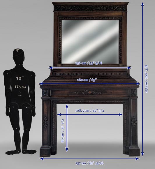 Napoleon III style walnut wood mantel with overmantel-14