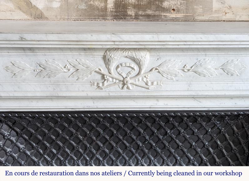 Louis XVI style mantel in Carrara marble adorned with a laurel wreath-1