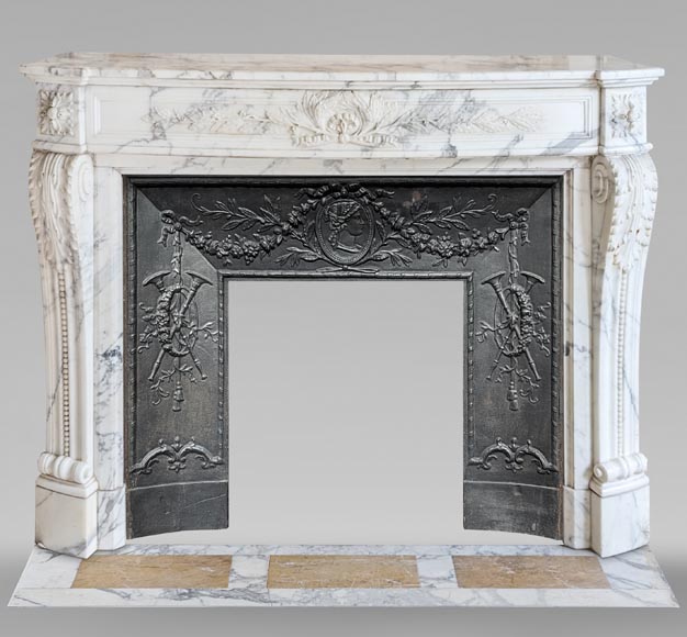 Curved Louis XVI style mantel in Arabescato marble decorated with a laurel wreath-0