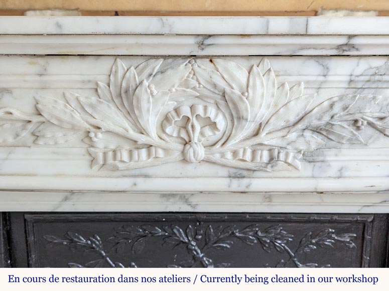 Curved Louis XVI style mantel in Arabescato marble decorated with a laurel wreath-1