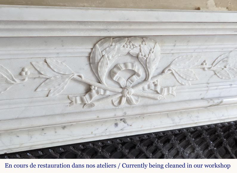 Louis XVI style mantel in Carrara marble adorned with a laurel wreath-2