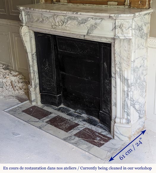 Louis XVI style Arabescato marble mantel with curved entablature decorated with a laurel wreath-7