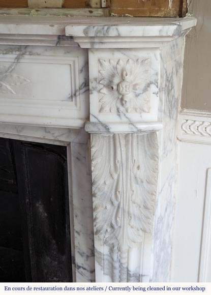 Louis XVI style Arabescato marble mantel with curved entablature decorated with a laurel wreath-8