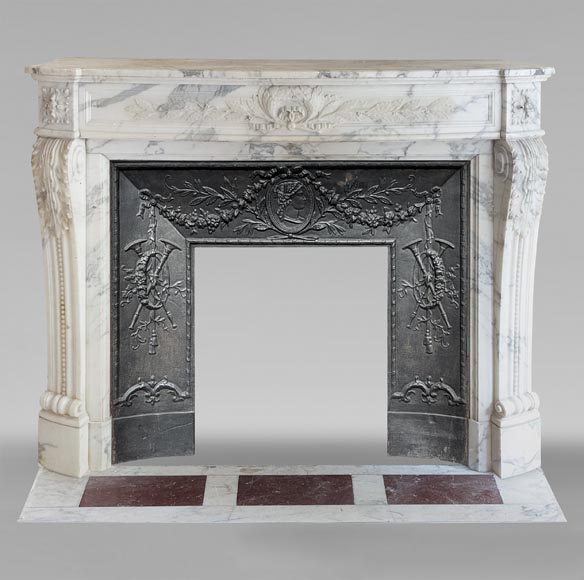 Curved Louis XVI style mantel in Arabescato marble decorated with a laurel wreath-0