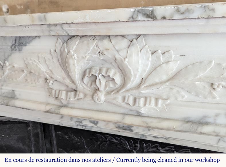 Curved Louis XVI style mantel in Arabescato marble decorated with a laurel wreath-2